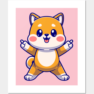 Cute Shiba Inu Celebrating Cartoon Posters and Art